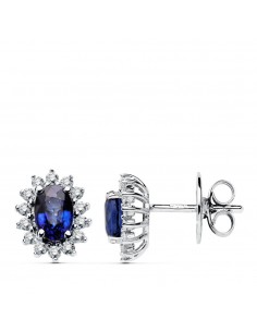 18K PENDIENTES ORO BLANCO 28 DIAMANTES LABORATORIO Y ZAFIRO DIFUSION 6X4 MM 1 24 QT. 0 28 QTS. VS2-G CIERRE PRESION 9 5X8 MM
