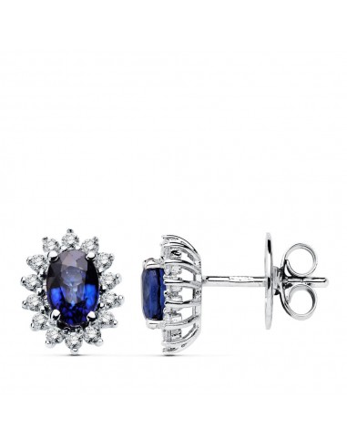 18K PENDIENTES ORO BLANCO 28 DIAMANTES LABORATORIO Y ZAFIRO DIFUSION 6X4 MM 1 24 QT. 0 28 QTS. VS2-G CIERRE PRESION 9 5X8 MM