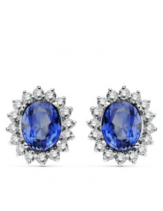 18K PENDIENTES O.BLANCO ZAFIRO DIFUSION 9X7 MM 4 94 QTS. 32 DIAMANTES LABORATORIO VS2-G 1 12 QTS. CIERRE OMEGA 14X12 5 MM