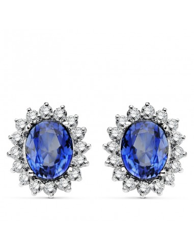 18K PENDIENTES O.BLANCO ZAFIRO DIFUSION 9X7 MM 4 94 QTS. 32 DIAMANTES LABORATORIO VS2-G 1 12 QTS. CIERRE OMEGA 14X12 5 MM