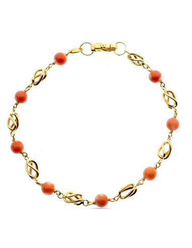 18K PULSERA ORO AMARILLO CON JAULAS Y CORAL FINO JAPONES 5 MM 18.5 CM