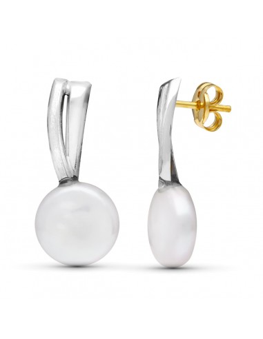 18K PENDIENTES ORO BLANCO BANDAS PERLA CULTIVADA 9 MM TOTAL 21X9 MM PRESION