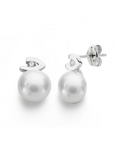 18K PENDIENTES ORO BLANCO PERLA CIRCONITA 12X7 MM CIERRE PRESION
