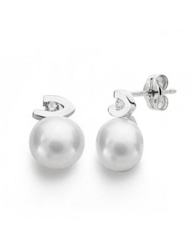 18K PENDIENTES ORO BLANCO PERLA CIRCONITA 12X7 MM CIERRE PRESION