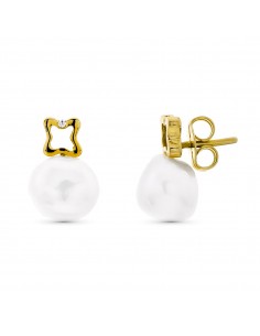 18K PENDIENTES ORO AMARILLO MOTIVO TREBOL CON PERLA CIERRE PRESION