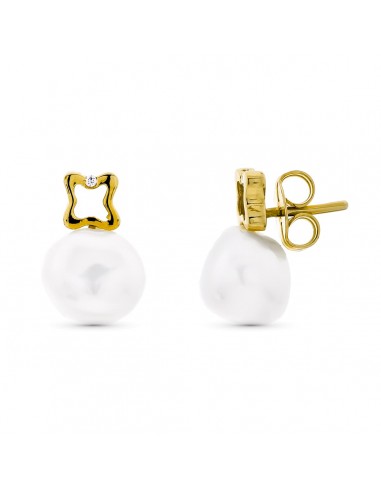 18K PENDIENTES ORO AMARILLO MOTIVO TREBOL CON PERLA CIERRE PRESION