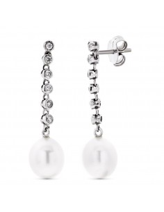 18K PENDIENTES ORO BLANCO LARGOS CON CIRCONITA Y PERLA CIERRE PRESION