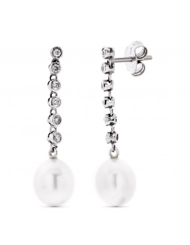 18K PENDIENTES ORO BLANCO LARGOS CON CIRCONITA Y PERLA CIERRE PRESION