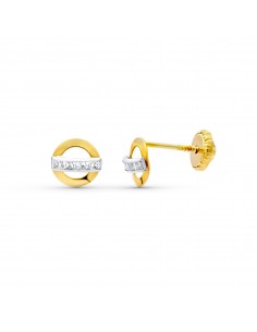 18K PENDIENTES ORO BICOLOR CIRCONITA 6 MM. CIERRE TUERCA