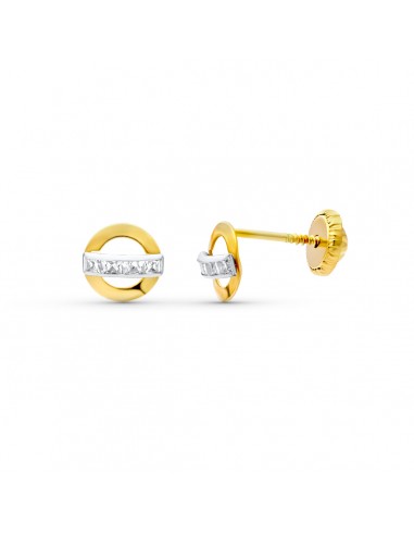 18K PENDIENTES ORO BICOLOR CIRCONITA 6 MM. CIERRE TUERCA