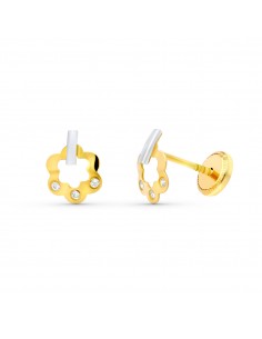 18K PENDIENTES ORO BICOLOR FLOR 8X6 MM. CIERRE TUERCA
