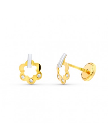 18K PENDIENTES ORO BICOLOR FLOR 8X6 MM. CIERRE TUERCA