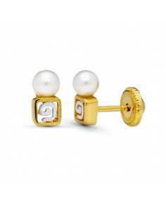 18K PENDIENTES ORO BICOLOR MOTIVO Y PERLA 7X3 MM CIERRE TUERCA