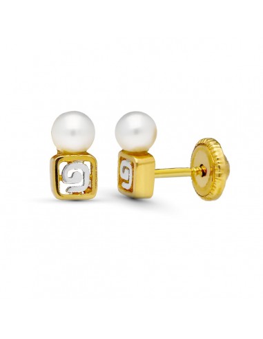 18K PENDIENTES ORO BICOLOR MOTIVO Y PERLA 7X3 MM CIERRE TUERCA