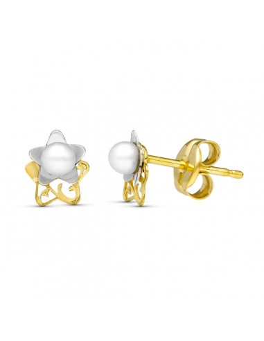 18K PENDIENTES ORO BICOLOR PERLA LASER. 6X5 MM CIERRE PRESION