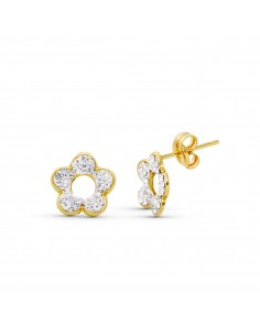 18K PENDIENTES ORO BICOLOR FLOR CIRCONITA 8X8 MM CIERRE PRESION