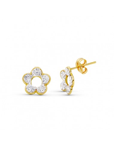 18K PENDIENTES ORO BICOLOR FLOR CIRCONITA 8X8 MM CIERRE PRESION