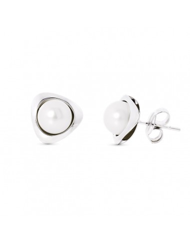 18K PENDIENTES ORO BLANCO PERLA TRIANGULO 9X9 MM CIERRE PRESION