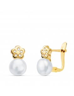 18K PENDIENTES ORO AMARILLO TU Y YO FLOR Y PERLAS 11 X 6 MM. CIERRE CATALAN
