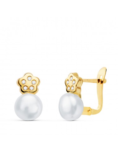 18K PENDIENTES ORO AMARILLO TU Y YO FLOR Y PERLAS 11 X 6 MM. CIERRE CATALAN