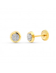 18K PENDIENTES ORO AMARILLO CHATON REDONDOS CIRCONITA 5 MM. CIERRE TUERCA