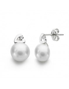 18K PENDIENTES ORO BLANCO PERLA 12X7 MM CIERRE PRESION