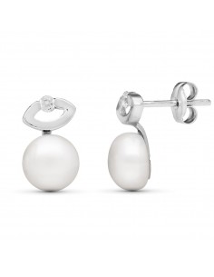 18K PENDIENTES ORO BLANCO CIRCONITA Y PERLA BOTON CULTIVADA 7 MM 12X7 MM CIERRE PRESION