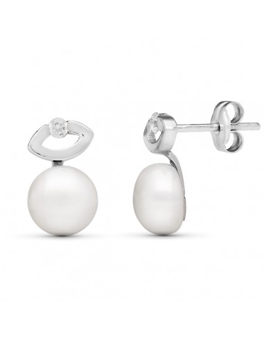 18K PENDIENTES ORO BLANCO CIRCONITA Y PERLA BOTON CULTIVADA 7 MM 12X7 MM CIERRE PRESION