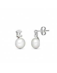 18K PENDIENTES ORO BLANCO PERLA CIRCONITA 10X6 MM CIERRE PRESION