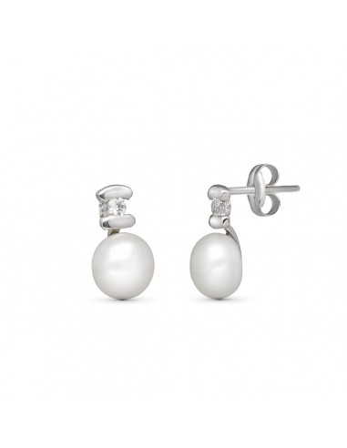 18K PENDIENTES ORO BLANCO PERLA CIRCONITA 10X6 MM CIERRE PRESION