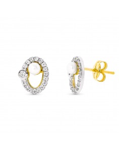 18K PENDIENTES ORO BICOLOR PERLA 3 MM 9X7 MM CIERRE PRESION