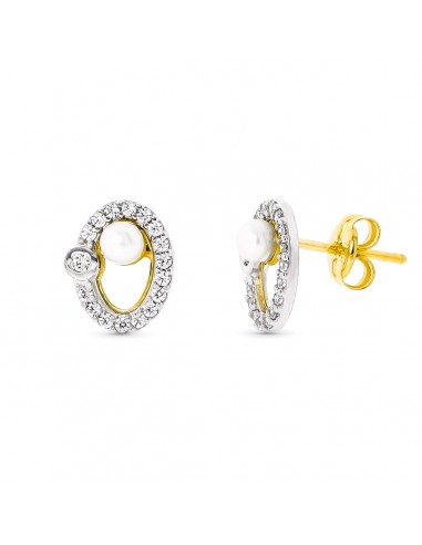 18K PENDIENTES ORO BICOLOR PERLA 3 MM 9X7 MM CIERRE PRESION