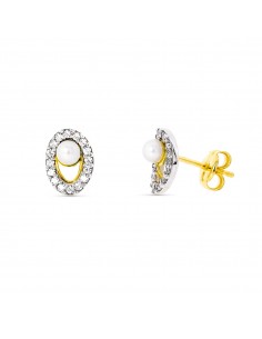 18K PENDIENTES ORO BICOLOR PERLA 3 MM 8X5 MM CIERRE PRESION
