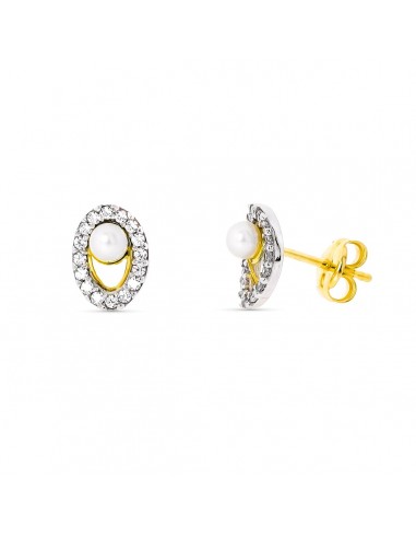 18K PENDIENTES ORO BICOLOR PERLA 3 MM 8X5 MM CIERRE PRESION