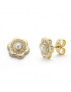 18K PENDIENTES ORO AMARILLO FLOR CIRCONITA Y PERLA 3 MM CIERRE PRESION
