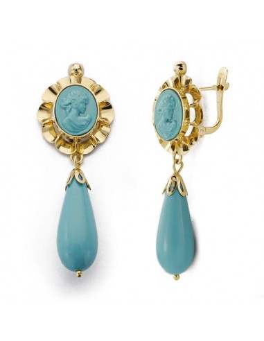 18K PENDIENTES CUBANAS CAMAFEO TURQUESA ORO AMARILLO  43X14 MM CIERRE CATALAN