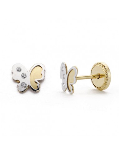 18K PENDIENTES ORO BICOLOR MARIPOSA CIRCONITA 5 MM CIERRE TUERCA