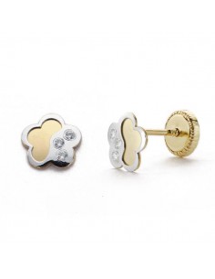 18K PENDIENTES ORO BICOLOR FLOR CIRCONITA 6 MM CIERRE TUERCA