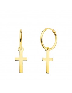 18K AROS ORO AMARILLO TUBO CON CRUZ LISA 12X6 MM ARO 12X1.5 MM