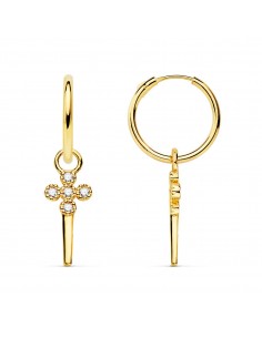 18K AROS TUBO REDONDO ORO AMARILLO 11X1.20 MM Y COLGANTE CRUZ CON PUÑAL