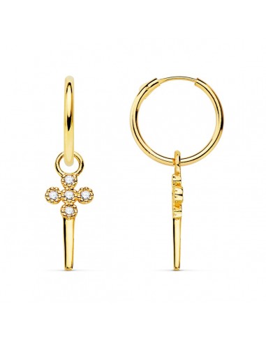 18K AROS TUBO REDONDO ORO AMARILLO 11X1.20 MM Y COLGANTE CRUZ CON PUÑAL