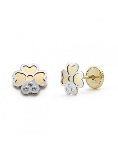 18K PENDIENTES ORO BICOLOR TREBOL. 6 MM CIERRE TUERCA