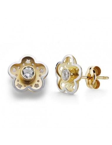 18K PENDIENTES ORO BICOLOR FLOR CIRCONITA 8 MM CIERRE PRESION