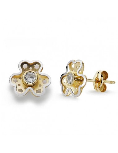 18K PENDIENTES ORO BICOLOR TREBOL CIRCONITA 9X8 MM CIERRE PRESION