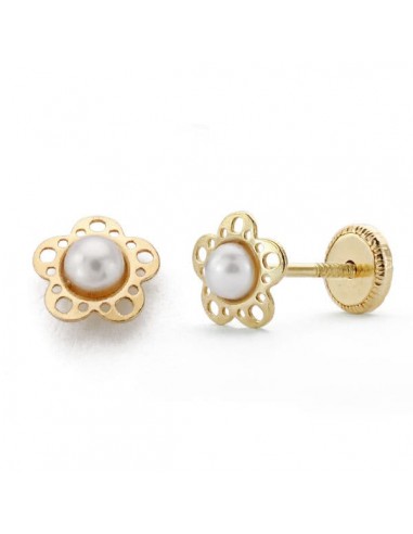 18K PENDIENTES ORO AMARILLO NIÑA FLOR PERLITA TUERCA