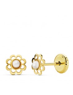 18K PENDIENTES ORO AMARILLO FLOR 5 MM PERLITA 2 MM TUERCA