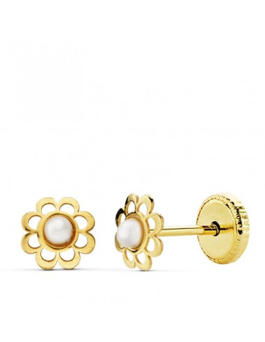 18K PENDIENTES ORO AMARILLO FLOR 5 MM PERLITA 2 MM TUERCA