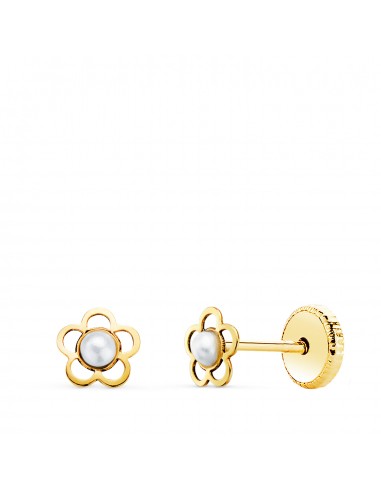 18K PENDIENTES ORO AMARILLO FLOR CALADA CON PERLA DE 2 MM. ANCHO: 5X5 MM. CIERRE TUERCA