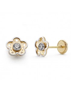 18K PENDIENTES BICOLOR FLOR CIRCONITA 7 MM CIERRE TUERCA