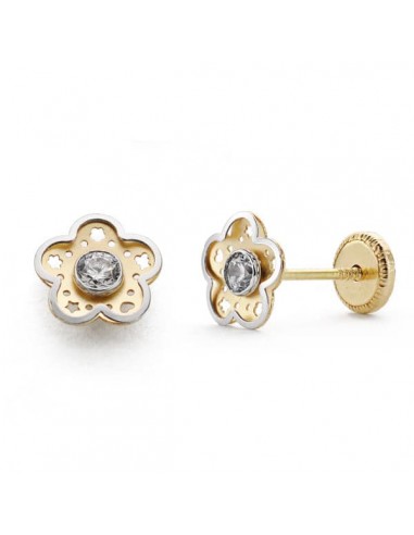18K PENDIENTES BICOLOR FLOR CIRCONITA 7 MM CIERRE TUERCA